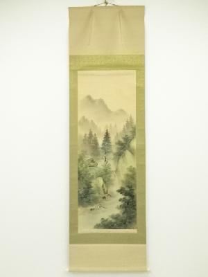 春鳳筆　彩色山水　肉筆絹本掛軸（保護箱）